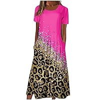 Midi Dresses for Women Casual Summer Leopard Print Short Sleeve Loose Flowy Pleated Swing T Shirt Dress with Pockets