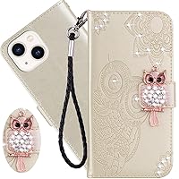 CCSmall Fit for Apple iPhone 14 Plus Wallet Case with Card Holder, DIY Owl Diamond PU Leather Flip Phone Cover Case for iPhone 14 Plus Owl Gold
