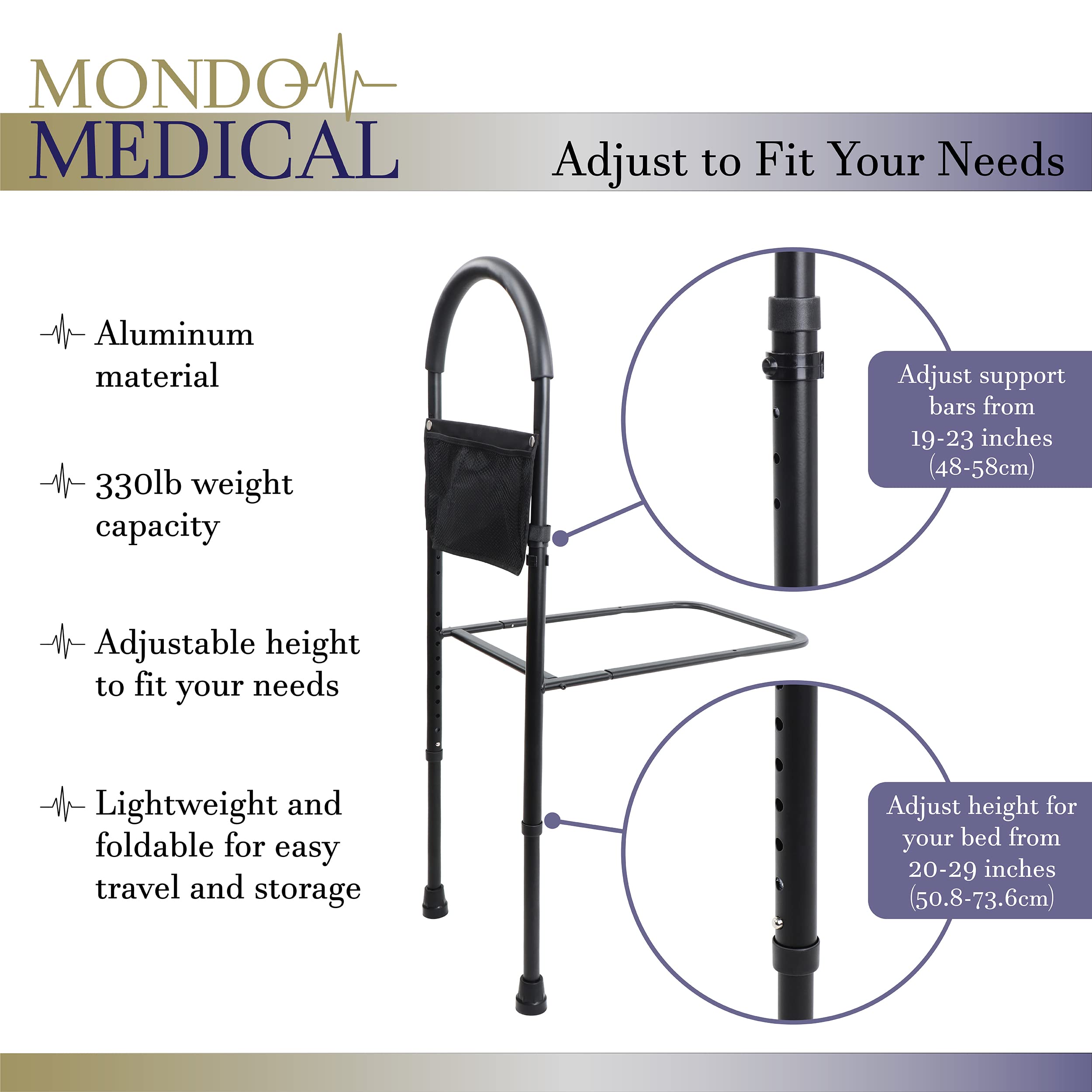 Mondo Medical Adjustable Bed Assist Rail - Easy to Grip Safety Bed Siderail Bar with Floor Support and Storage Pouch