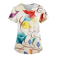 Scrubs Women V Neck Floral Printed Scrubs Tops Short Sleeve Blouses Soft Stretch Working T-Shirts with Pocket