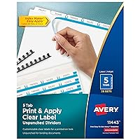 Avery 5 Tab Unpunched Dividers for Use with Any Binding System, Easy Print & Apply Clear Label Strip, Index Maker Customizable White Tabs, 25 Sets (11443)