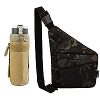 Black Camo Tactical Sling Chest Bag Anti-Theft Conceal Carry Underarm Hidden Bags and Wolf Brown Tactical Water Bottle Holder Pouch Molle System Bag (wolf Brown)
