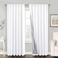 100% Blackout Curtains 2 Panels with Tiebacks- Heat and Full Light Blocking Window Treatment with Black Liner for Bedroom/Nursery, Rod Pocket & Back Tab，White, W52 x L84 Inches Long, Set of 2
