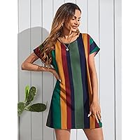Women's Dress Colorful Stripe Tunic Dress Women's Dress (Color : Multicolor, Size : Small)