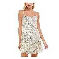 Womens Sequined Zippered Sheer Metallic Lined Spaghetti Strap Sweetheart Neckline Short Party Sheath Dress