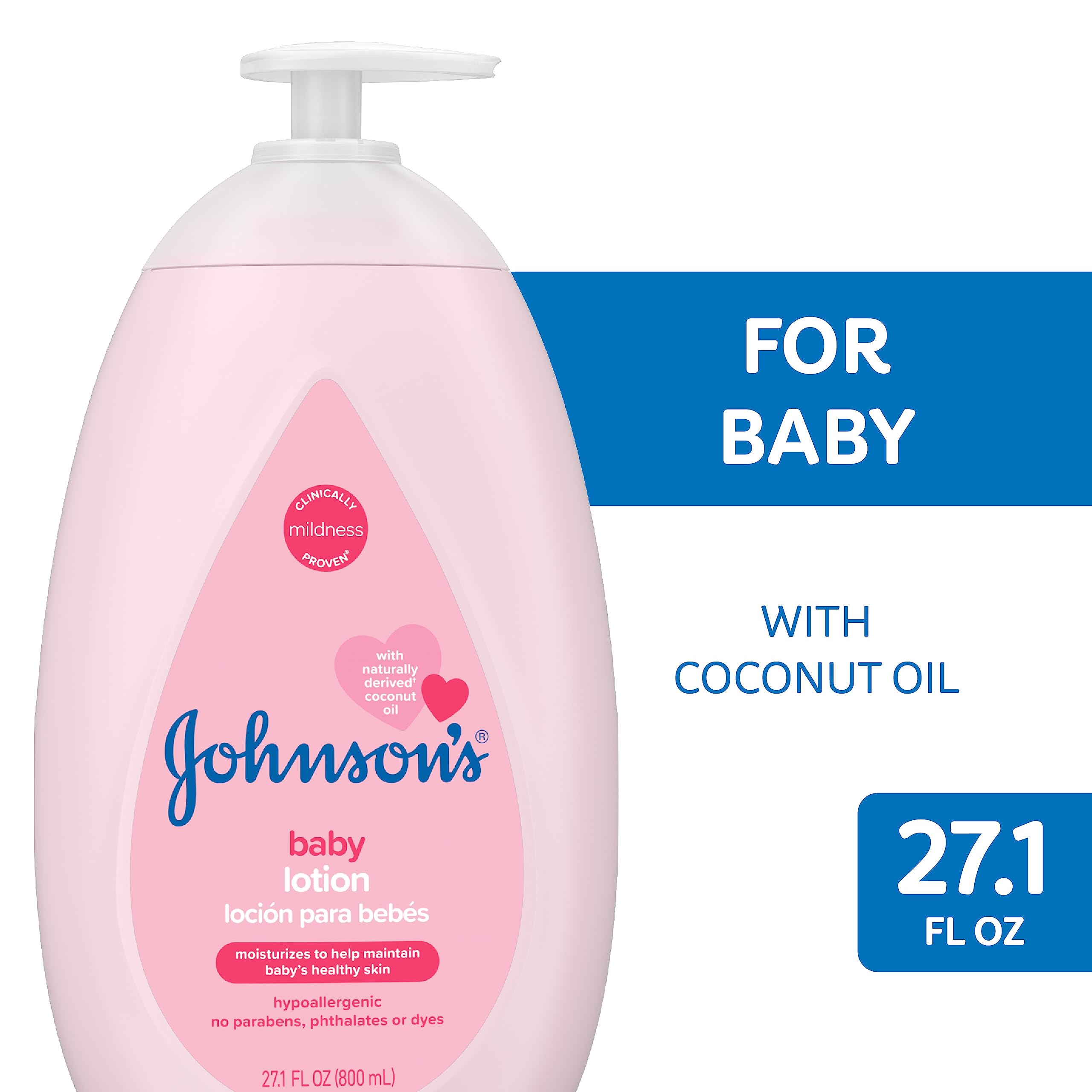 Johnson's Moisturizing Pink Baby Lotion with Coconut Oil, Hypoallergenic and Dermatologist-Tested, 27.1 fl. oz