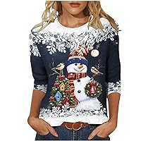 Christmas Shirts for Women Cute Graphic Tees 3/4 Sleeve O Neck Plus Size Tops Snowman Casual Blouses Winter Clothes