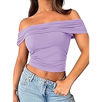 MEROKEETY Women's 2024 Summer Sexy Off The Shoulder Crop Tops Short Sleeve Ruched Tight Shirts