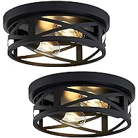2 Pack Black Flush Mount Ceiling Light,Industrial Farmhouse Metal Cage Black Light Fixtures Ceiling Mount for Kitchen Entryway Hallway E26 Base (10.63in)