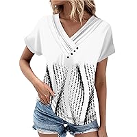 Fashion Tops for Women Trendy V Neck Button Down Graphic T Shirts Spring Casual Short Sleeve Tees Going Out Tunic 2024