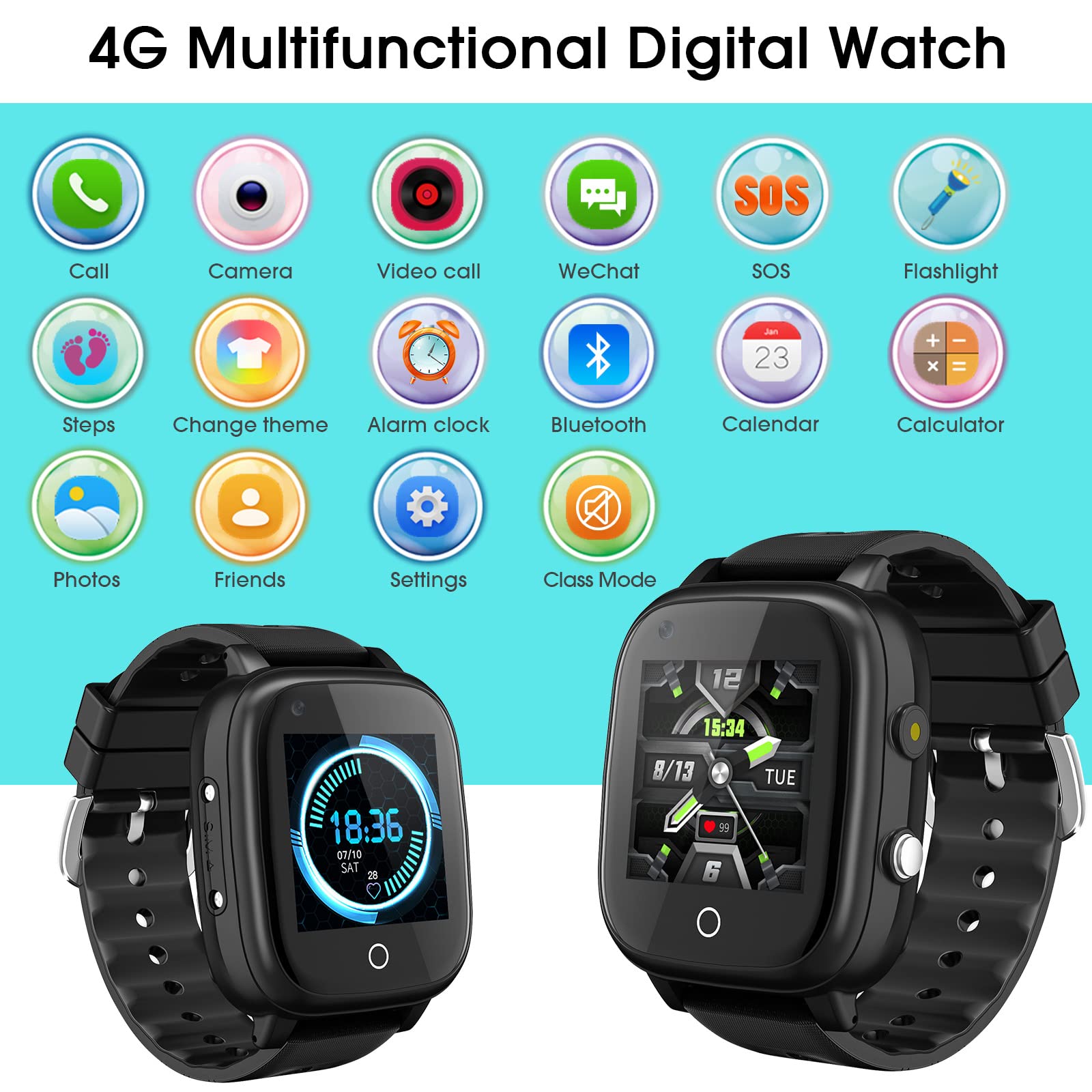 cjc 4G Kids Smart Watch with GPS Tracker and Calling, IP67 Waterproof, 2-Way Calls, GPS Tracker, SOS Kids Cell Phone Wrist Watch for Age 3-14 Girls Boys Girls Christmas BirthdayBirthday Gifts (Black)
