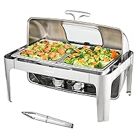 Roll Top Chafing Dish Buffet Set, 9 Qt, Stainless Steel Chafer with 2 Half Size Pans, Rectangle Catering Warmer Server with Visible Lid Water Pan Stand Fuel Holder Clip, for at Least 9 People