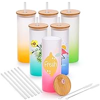 6 Pack Sublimation Glass Cans Blanks with Bamboo Lids, 17 OZ Frosted Tumbler Cups with Glass Straws, Straight Skinny Drinking Glasses Jars Mugs for Iced Coffee, Milk, Juice, 6 Colors