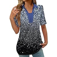 Going Out Tops for Women,Workout Tops for Women Polo Shirts V Neck Short Sleeve Geometry Printed Blouse Fashion Casual Golf Shirts Women Henley Tops Short Sleeve
