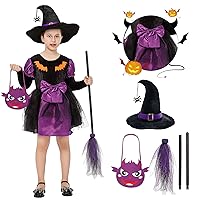 Witch Costume for Girls- Cute Toddler Witch Costume for Kids Halloween Witch Costume Dress with Hat Wand and Candy Bags