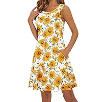 Summer Dresses for Women Swing Boho Floral Print Sundresses Sleeveless Beach Cover Up Dress with Pockets Holiday Dresses