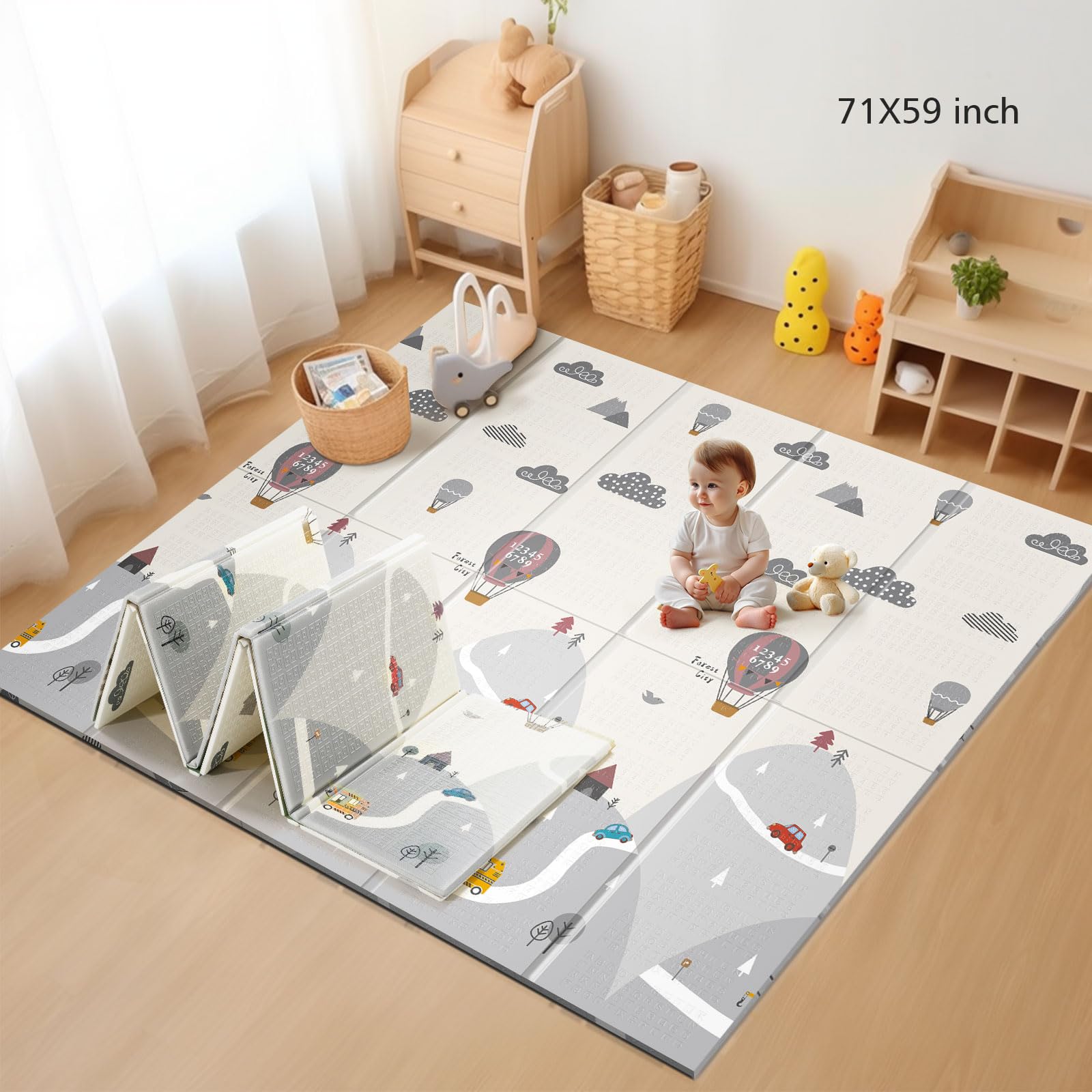 Baby Play Mat, 71 x59 Inches Foldable Play Mat for Floor, Reversible Play Mat for Infants, Toddlers, Kids, Play and Tummy Time, Anti-Slip Baby Crawling Mat for Indoor and Outdoor