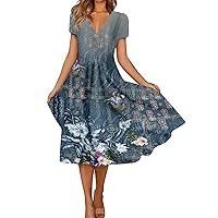 Women's Summer Casual Floral Printed Short Sleeve Swing Dress Hawaii Beach Dress A-line Waist Flowy 2024