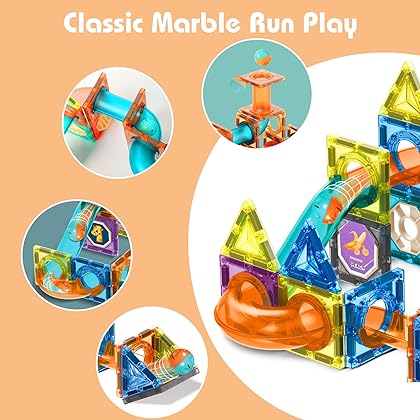 Marble Runs Magnetic Tiles - Toy Magnetic Building Sets 132pcs Magnet Building Blocks Tiles STEM Learning for Girls Boys Kids Toddlers Baby Children Ages 3+ Years Old Birthday Easter Day Gift