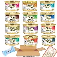 LarasBundle Fancy Feast Wet Cat Food Canned Pate Variety Pack | Grain Free | All 12 Flavors | 3 oz. cans Bundled Spring Toy and Fun Facts Booklet