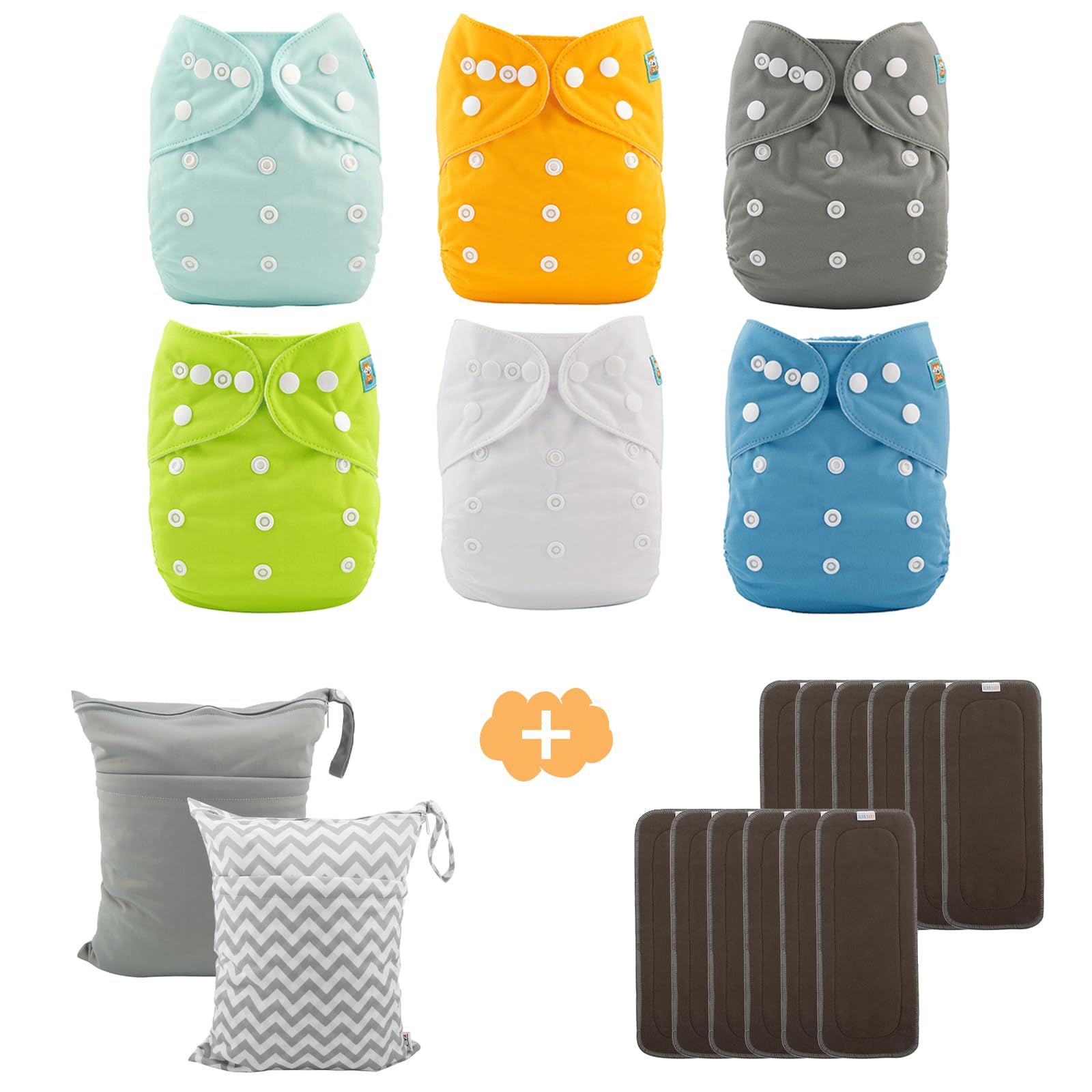 ALVABABY 6 Pack Baby Cloth Diapers with 12 pcs 5-Layer Rayon Charcoal Bamboo Inserts and 2pcs Wet Dry Bags