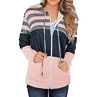 Women Casual Long Sleeve Zip Up Sweatshirt Lightweight Drawstring Color Block Coat Loose Stripe Knit Sweater Hoodies