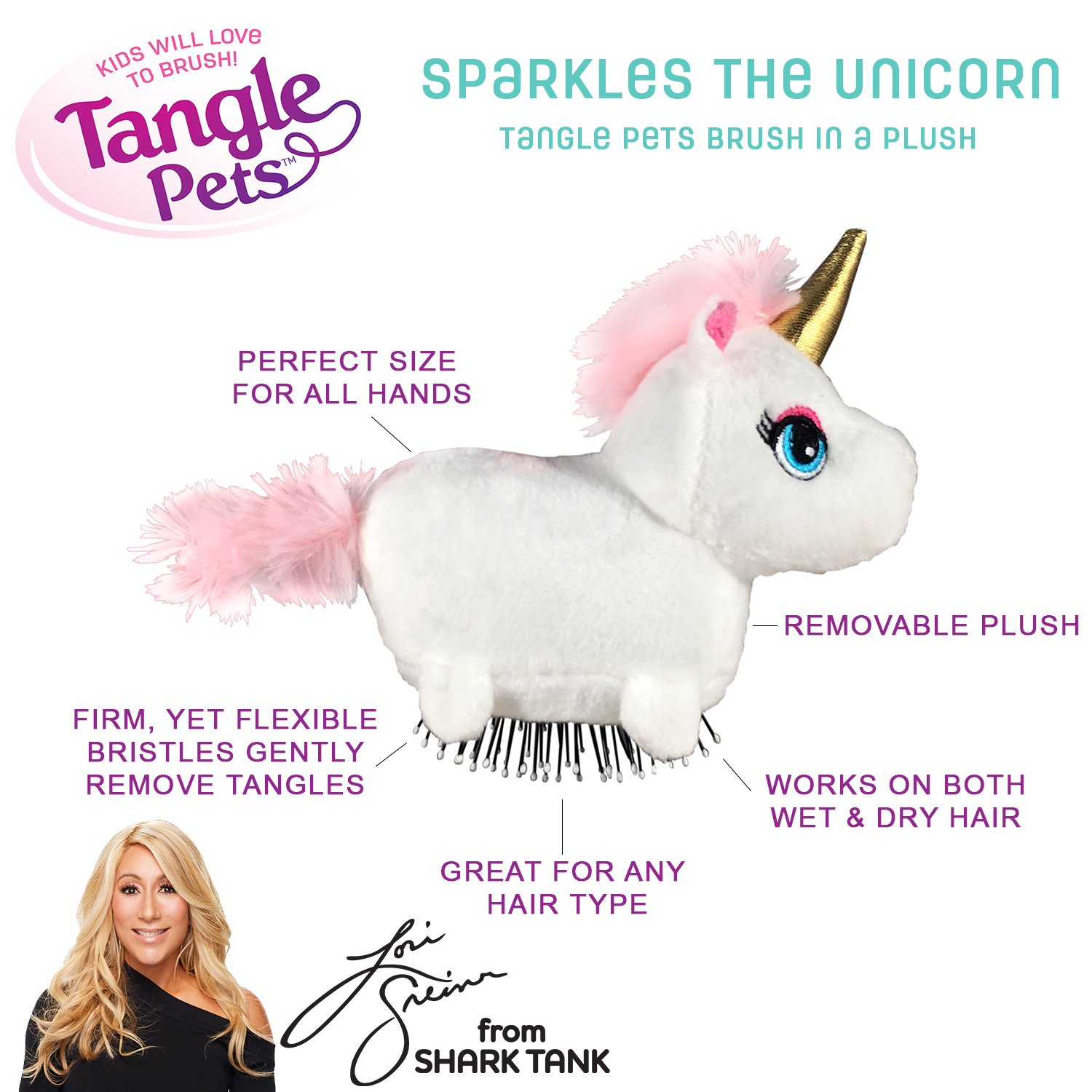 Tangle Pets SPARKLES THE UNICORN- The Detangling Brush in a Plush, Great for Any Hair Type, Removable Plush, As Seen on Shark Tank