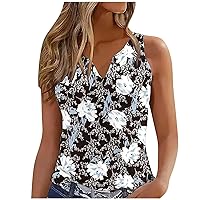 Womens Floral Printed Henley Tank Tops Workout Cami Shirts Summer Casual Sleeveless Tunics Loose Fit Tees Blouses