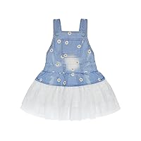 KIDSCOOL SPACE Baby Girls Overalls Jean Dress, Flower Embroidered Double Color Spliced Tulle Skirts
