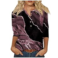 3/4 Length Sleeve Summer Tops for Women Floral Graphic Tees Trendy Button Down Shirts Dressy Casual Crew Neck Blouses