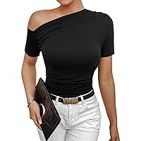 SweatyRocks Women's Asymmetrical Neck Slim Fit T Shirt Ruched Short Sleeve Casual Tee Tops