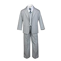 6pc Boy Gray Vest Set Tuxedo Suits with Satin Dark Gray Necktie Baby Teen