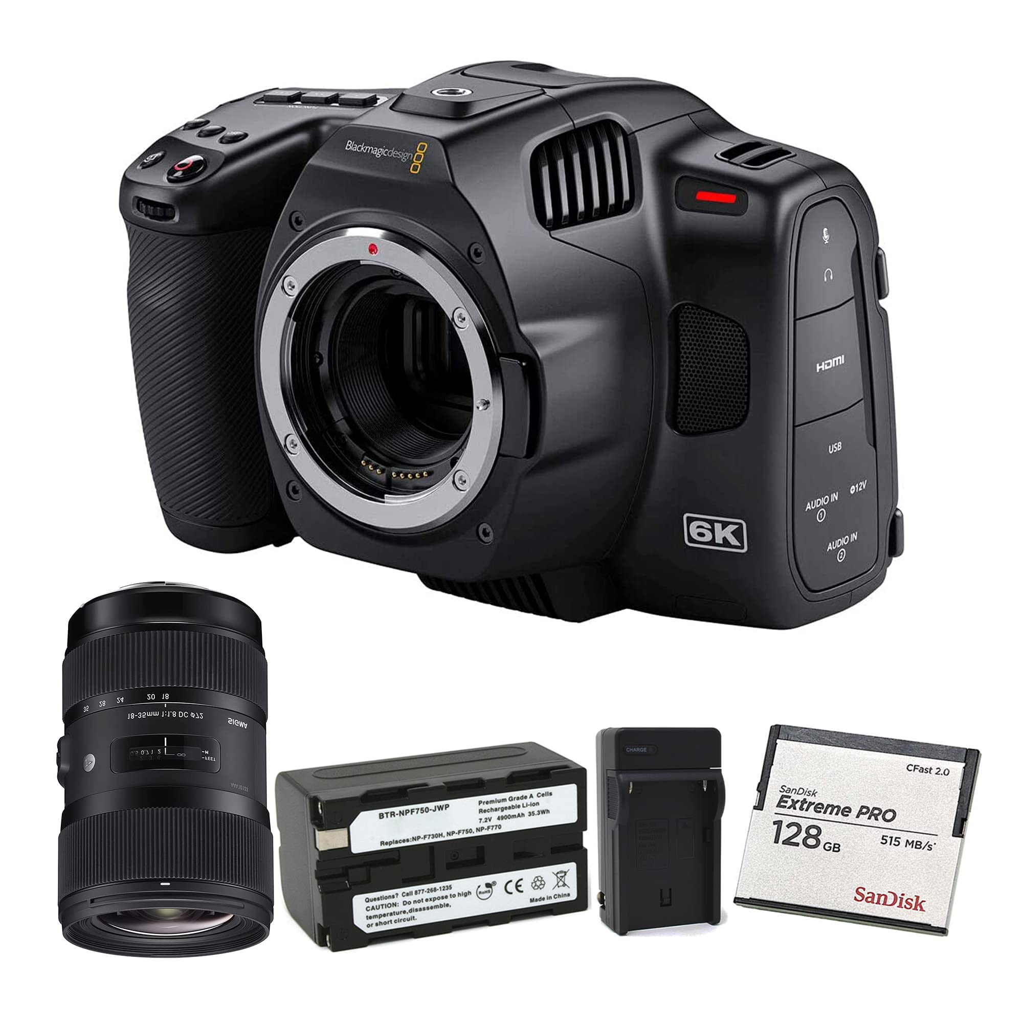 Blackmagic 6K Pro Pocket Design Cinema Camera for Canon EF | 13-Stop Dynamic Range, Super35 HDR Sensor, Sigma 18-35mm F1.8 Lens, 128GB Memory Card, Waith 2600mAh Battery, and Charger Bundle Set