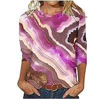 Ladies Tops Marble Graphic Loose Fit Long Blouses for Women 3/4 Sleeve Crewneck Summer Fall Shirts 2024 Trendy