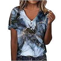 XJYIOEWT Preppy Shirts Women Summer Casual Hollow Short Sleeve Button V Neck Printed Short Sleeve T Shirt Top Womens to