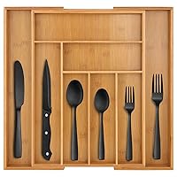 Hiware 24 Pieces Matte Black Silverware Set with Organizer, Stainless Steel Flatware Cutlery Set, Expandable Bamboo Tray Drawer Organizer
