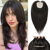 Hair Toppers for Women Real Human Hair 16inch Hair Toppers for women With Bangs 8x8inch Skin Scalp Big Base Cover Thinning Hair or Hair Loss Top Hair Pieces Wiglets Remy Hair Topper