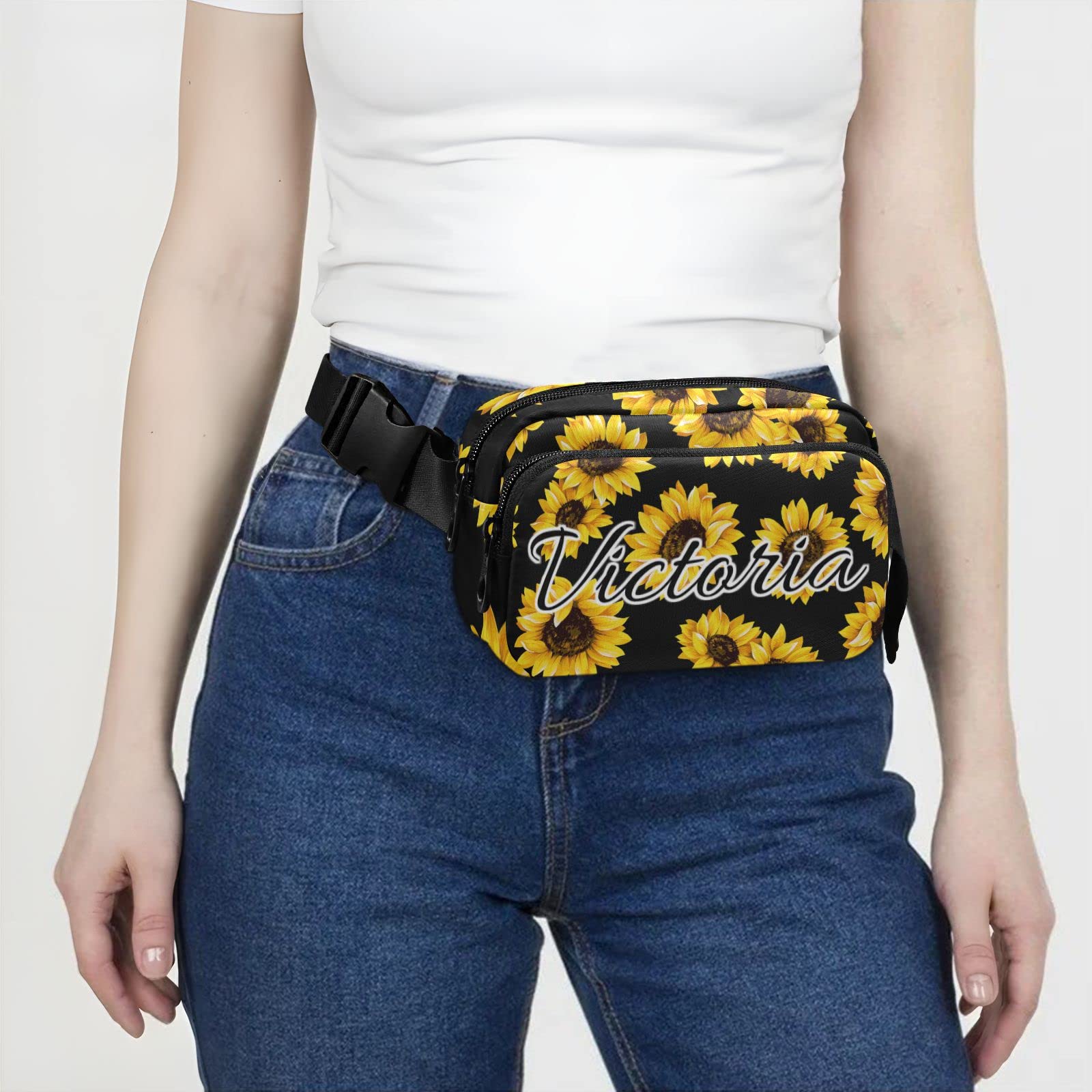 Custom Black Sunflowers Fanny Packs for Women Men Personalized Belt Bag with Adjustable Strap Customized Fashion Waist Packs Crossbody Bag Waist Pouch for Sports Running