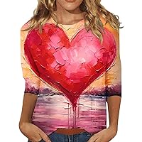 Valentine's Day Shirts for Women Heart Printed 3/4 Sleeve Tops Blouses Dressy Casual Crew Neck Holiday T-Shirts