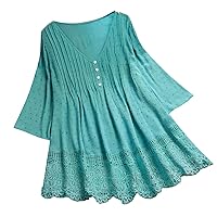 Women's 3/4 Sleeve Linen Crinkle Gauze Shirts Birthday 3/4 Length Sleeve Plus Size Oversized Blouses Loose Fit Summer