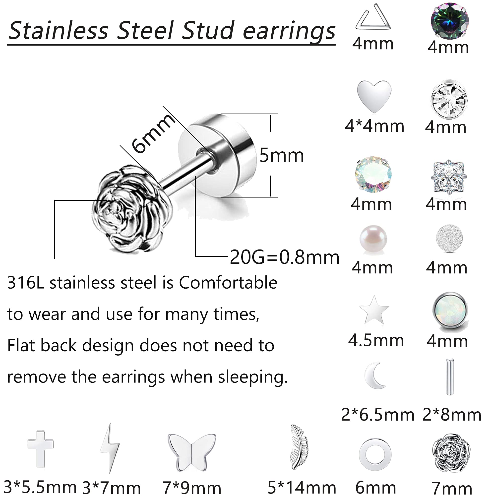 18 Pairs Stainless Steel Stud Earrings Set for Women Men Star Moon flower Heart Leaf Opal 20G Cartilage Earrings Hypoallergenic Flatback Earrings Piercing Jewelry