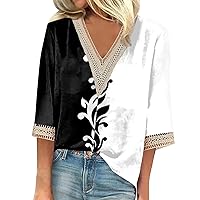 Womens Plus Size Summer Tops Dressy Casual 3/4 Sleeve Shirts Floral Print Graphic Tees Elegant Lace V Neck T Shirts