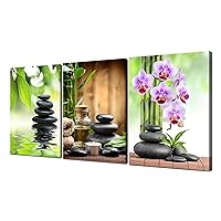 Bamboo Zen Wall Art Spa Artwork Wall Decor Zen Stone Purple Flowers Pictures Canvas HD Print Poster Painting Frame Home Bathroom Beauty Salon Decoration 3 Panel(36x16 inches)