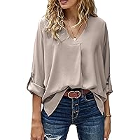 GRASWE Womens V Neck 3/4 Sleeve Shirts Business Casual Solid Tops Loose Work Blouses