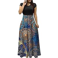 2024 Ethnic Printed Dress Ladies Basic Short Sleeve Floral Printting Loose O Neck Large Size Classic Maxi Dresses