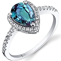 PEORA Created Alexandrite Teardrop Halo Ring for Women 14K White Gold with Genuine White Topaz, Color Changing 1.50 Carats Pear Shape 9x6mm, Sizes 5 to 9