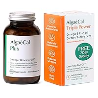 ALGAECAL Plus - Organic Red Algae Calcium Supplement, Vitamin K2 MK7 (100mg), Vitamin D3 (1600 IU) + Free Triple Power Omega 3 Fish Oil 7 Single Serve