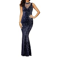 Women's V Neck Sleeveless Sequin Bodycon Formal Dress Gown Evening Party Dress