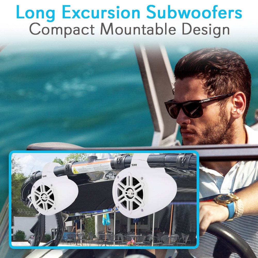 Pyle Waterproof Marine Wakeboard Tower Speakers - 4 Inch Dual Subwoofer Speaker Set with 300 Max Power Output - Boat Audio System Kit w/ Titanium Dome Tweeters & Mounting Clamps PLMRWB45W (White)