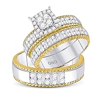 The Diamond Deal 14kt Two-tone Gold His & Hers Round Diamond Cluster Matching Bridal Wedding Ring Band Set 1.00 Cttw